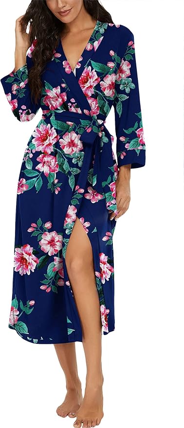 VINTATRE Women Kimono Robes Long Knit Bathrobe Lightweight Soft Knit Sleepwear V-neck Casual Ladies Loungewear