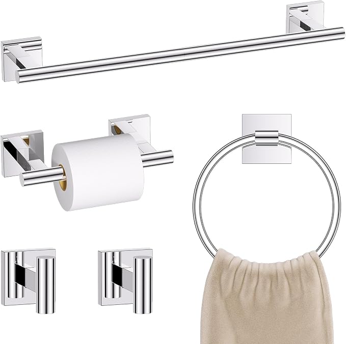 Chrome Bathroom Hardware Towel Bar Set, 5 Pieces Double Dase Toilet Paper Holder Towel Holder Set, 23.6 Inch Stainless Steel Towel Rack for Bathroom Wall Mount