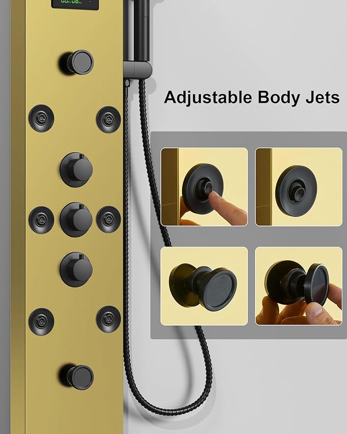 Homevacious Polished Gold 5 In 1 Shower Panel Tower System LED Rain Waterfall Shower Head and Adjustable Massage Body Jets 3 Settings Handheld Head and Tub Spout Stainless Steel Bathroom Panel