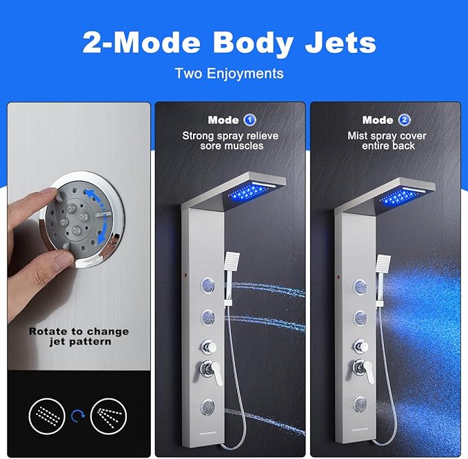 5 in 1 Shower Panel Tower System with LED Lights, Rainfall and Waterfall Shower Head, 3 Pcs Adjustable Body Jets, Handheld Shower, Tub Spout (Brushed Nickel)