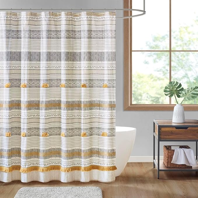INK+IVY Cody Shower Curtain for Bathroom, Cotton, 72 x 72, Gray/Yellow | Adds Privacy, Machine Washable, Striped Pattern, Boho, OEKO-TEX Certified