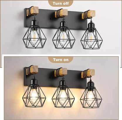 maesta 3 Light Bathroom Vanity Light, Farmhouse Black Fixture Over Mirror | Farmhouse Bathroom Light Fixtures, Wood & Metal, Anti-Rust, Easy to Install for Rustic Bathroom Hallway