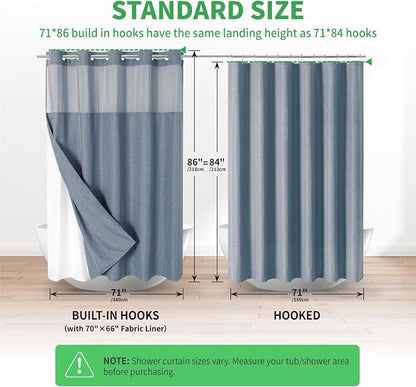 eachope No Hook Fabric Shower Curtain with Snap-in Liner,71x86 Blue Grey | Extra Long,Linen Texture,230GSM Thick Fabric,Mesh Window,Bottom Magnetic,Waterproof & Machine Washable,for Bathroom,Hotel Use