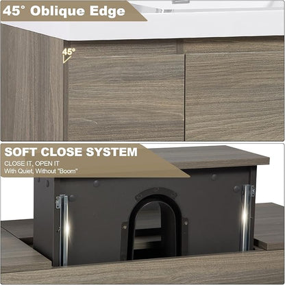 Pre-Assembled 48" Floating Bathroom Vanity with Sink, Ash Grey | Wall-Mounted Bathroom Vanity with Solid Surface Top Basin, 2 Soft Close Drawers and 2 Doors, Easy to Install & Clean
