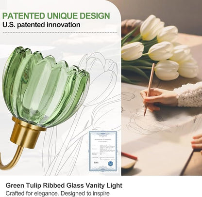 Bathroom Light Fixtures (3-Light, 20 in), Brushed Gold Vanity Lights for Bathroom with Ribbed Green Tulip Glass Shade, Vintage Vanity Wall Lights for Mirror Bedroom Living Room Hallway