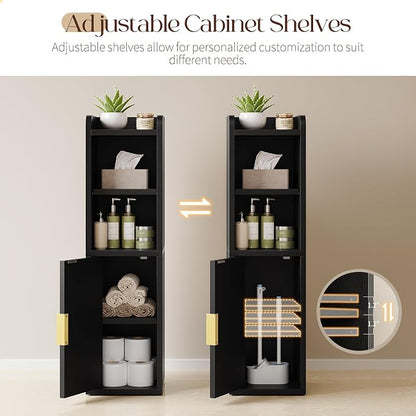 Yoobure Fluted Small Bathroom Storage Cabinet, Narrow Toilet Paper Cabinets | 7.9" D x 7.9" W, Wood Slim Corner Floor Cabinet with Door& Adjustable Shelf, Skinny Bathroom Organizer for Small Spaces,Black