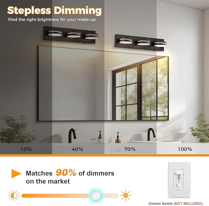 LED Modern Bathroom Lights Fixtures 3-Light Motion Sensor Vanity Light Matte Black Acrylic Wall Lighting,3CCT Vanity lamp for Bathroom Over Mirror with 350°Rotatable Acrylic Heads