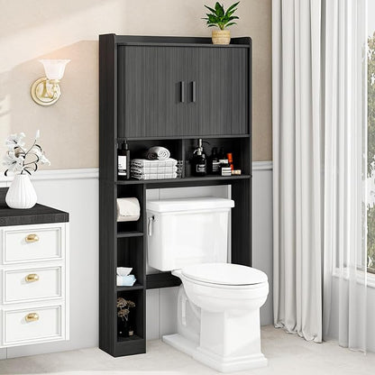 Over The Toilet Storage Cabinet,Farmhouse Toilet Cabinet Rack with 2 Tambour Sliding Doors and Toilet Paper Holder Stand，Toilet Shelf Space Saver with Towel Rack for Bathroom, Restroom,Black Laundry
