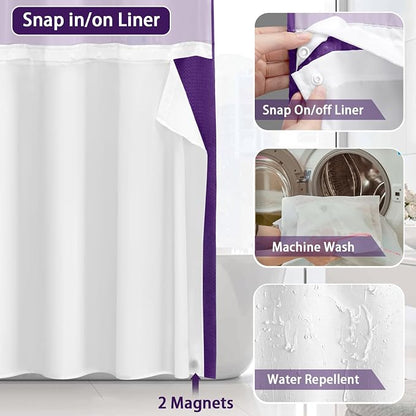No Hook Shower Curtain and Liner Set,Deep Purple Hotel Waffle Shower Curtain with Liner 75" L x 72" W