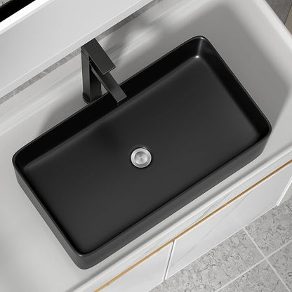 24"x14" Black Bathroom Vessel Sink Rectangular - Matte Black Porcelain Ceramic Rectangle Above Counter Vanity Lavatory Bath Sink Art Basin