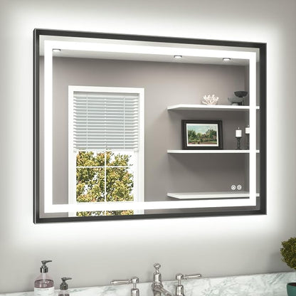 40 x 30 Bathroom Mirror Brushed Black Metal Frame Frontlit & Backlit Vanity Mirror 3 Colors White/Warm/Natural Stepless Dimmable Anti-Fog Bathroom Mirrors for Vanity Wall-Mounted