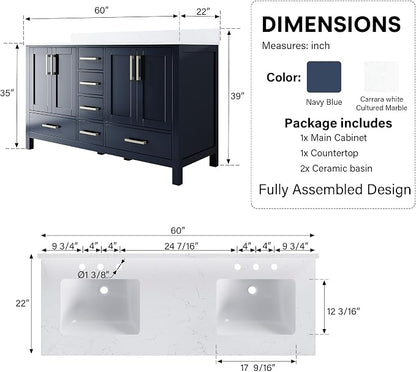 60-Inch Bathroom Vanity with Sink, 4 Soft-Close Doors and 6 Soft-Close Drawers, Bathroom Freestanding Vanity with Cultured Marble Countertop, Navy Blue Vanity with Brushed Nickel Handles