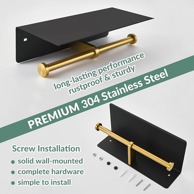 Double Toilet Paper Holder with Shelf, Black & Gold, Wall Mounted | 304 Stainless Steel, Rustproof for Bathroom, Restroom, Powder Room, Kitchen, 2-in-1 Functional 2 Paper Rolls & Phone Storage