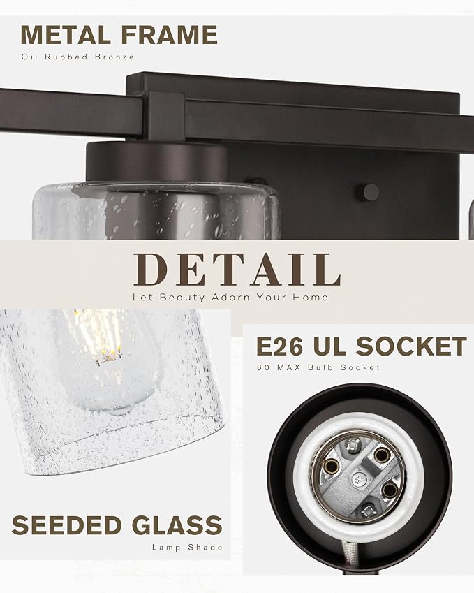 Beionxii 34In Farmhouse Bathroom Light Fixtures,Rustic Vanity Light Fixture | 4-Light Bathroom Vanity Light Fixture, Seeded Glass Shade, Oil Rubbed Bronze Over Mirror for Bathroom Living Room, BXMB9002-4