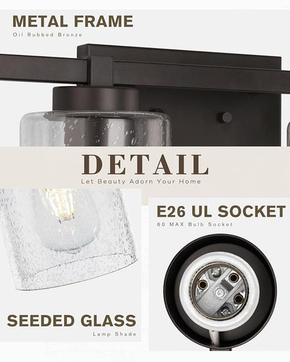 Beionxii 34In Farmhouse Bathroom Light Fixtures,Rustic Vanity Light Fixture | 4-Light Bathroom Vanity Light Fixture, Seeded Glass Shade, Oil Rubbed Bronze Over Mirror for Bathroom Living Room, BXMB9002-4