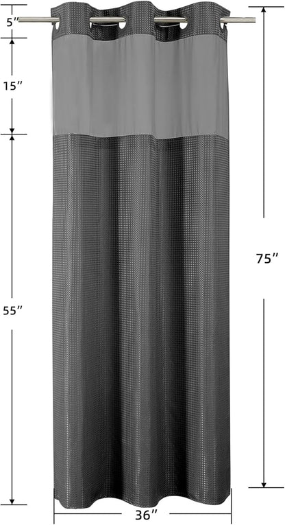 Colorful Star No Hook Waffle Shower Curtain with Snap in Fabric, Waterproof Shower Curtains with See Through Top Window, Small Stall Bathroom Curtain and Liner Set, 36'' x 75'', Charcoal Grey