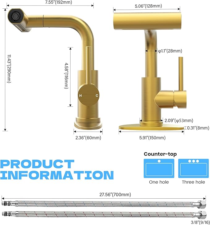 Gold Bathroom Faucet with Sprayer - Brushed Gold Bathroom Faucets for Sink 1 Hole or 3 Holes, 4 Mode Single Handle Vanity Faucet Waterfall Bathroom Faucet with Pull Down Sprayer (No Drain)