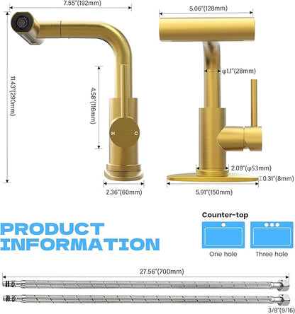 Gold Bathroom Faucet with Sprayer - Brushed Gold Bathroom Faucets for Sink 1 Hole or 3 Holes, 4 Mode Single Handle Vanity Faucet Waterfall Bathroom Faucet with Pull Down Sprayer (No Drain)