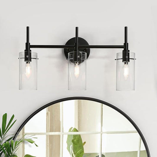 Bathroom Light Fixtures, Black Vanity Lights for Bathroom, 3 Light Bathroom Vanity Light, Black Wall Sconces Lighting with Clear Glass Shades