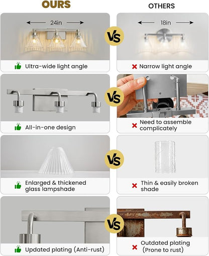 AIJIASI 3-Light Bathroom Light Fixtures Brushed Nickel Vanity Lights for Bathroom with Ribbed Glass Shade 24 Inch Bathroom Lighting Fixtures Over Mirror Wall Sconce Light for Restroom
