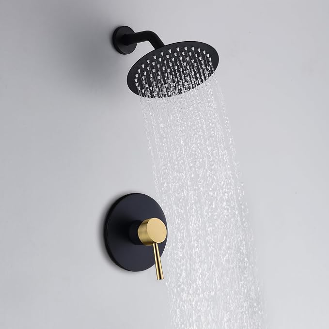 SUMERAIN Shower Faucet Set Black and Gold, 8" Stainless Steel Rain Shower | Single-Function, Single Handle, With Brass Rough-in Valve, Modern Design
