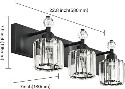 PRESDE Crystal 3 Light Bathroom Vanity Lights Modern Matte Black Bathroom Lights Fixtures Over Mirror Wall Lamp for Bath Bedroom Hallway