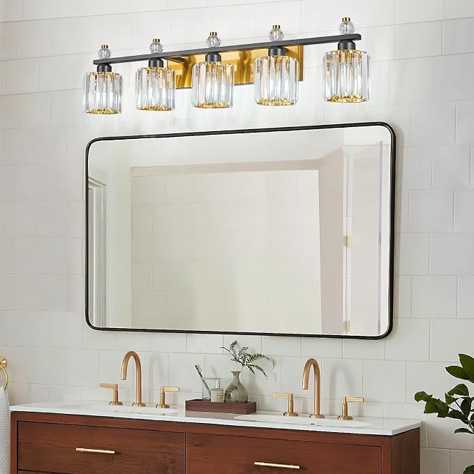 Bathroom Vanity Lights 5-Light Black Gold Modern Crystal Vanity Light Fixtures Over Mirror Crystal Bathroom Vanity Lighting Fixtures
