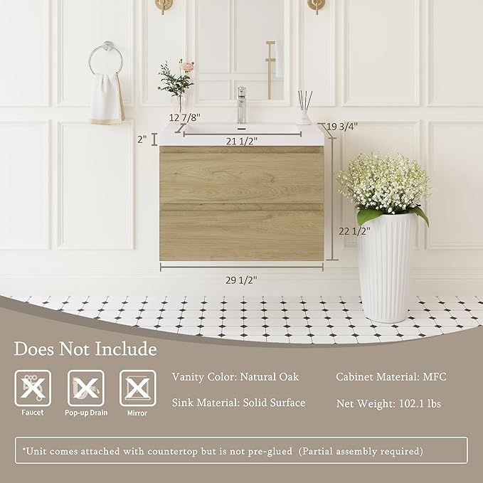 Floating Bathroom Vanity with Sink, 30" Wall-Mounted Bathroom Storage Vanity Cabinet with Resin Top Basin and Soft Close Drawers, No Assembly Required, Natural Oak