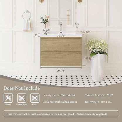 Floating Bathroom Vanity with Sink, 30" Wall-Mounted Bathroom Storage Vanity Cabinet with Resin Top Basin and Soft Close Drawers, No Assembly Required, Natural Oak