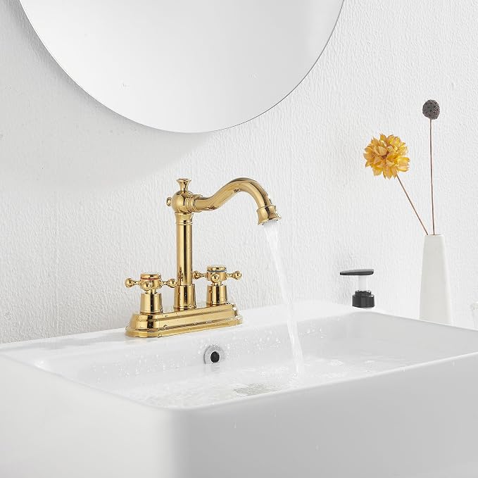 Bathroom Faucet Polished Gold GGStudy 2 Handles 4 Inches Centerset Bathroom Vanity with Drain Assembly and Supply Hose Lavatory Faucet Mixer Double Handle Tap