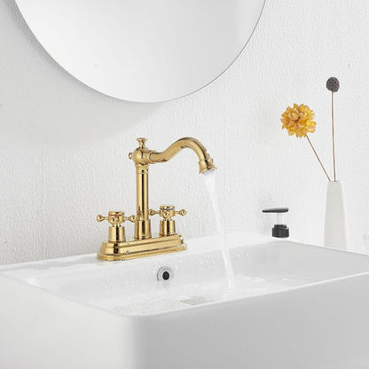 Bathroom Faucet Polished Gold GGStudy 2 Handles 4 Inches Centerset Bathroom Vanity with Drain Assembly and Supply Hose Lavatory Faucet Mixer Double Handle Tap