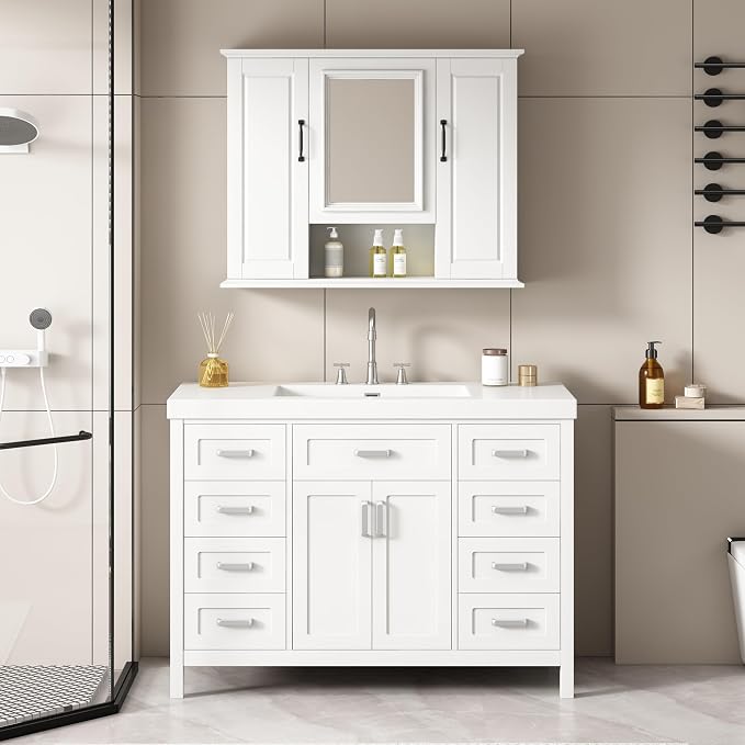 48" Bathroom Vanity with Resin Sink, Cabinet with Soft-Closing Drawers and Doors, Simple & Modern Style, Solid Wood Frame, White