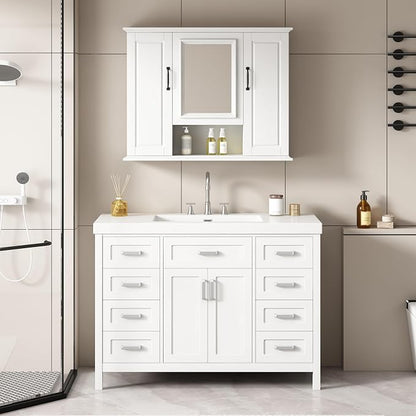 48" Bathroom Vanity with Resin Sink, Cabinet with Soft-Closing Drawers and Doors, Simple & Modern Style, Solid Wood Frame, White