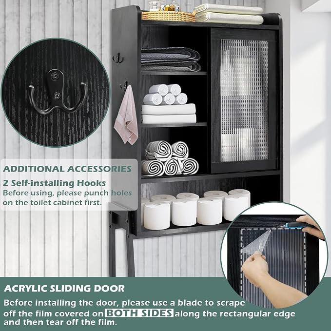 SUNTAGE Over Toilet Storage Cabinet for Bathroom, Over Toilet Shelf Organizer, Freestanding Space Saver with Adjustable Shelves, Wide Open Shelf, Acrylic Sliding Door, Metal Frame, Black