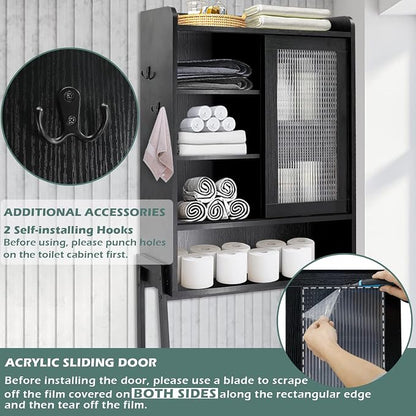 SUNTAGE Over Toilet Storage Cabinet for Bathroom, Over Toilet Shelf Organizer, Freestanding Space Saver with Adjustable Shelves, Wide Open Shelf, Acrylic Sliding Door, Metal Frame, Black
