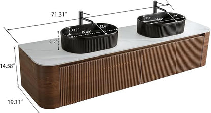 72" Preassembled Double Floating Bathroom Vanity with Black Sink, Walnut | Mid-Century Modern Style, Fluted & Soft-Close Drawer with U-shaped Wall, Sinterted Stone Countertop, Towel Rack Included