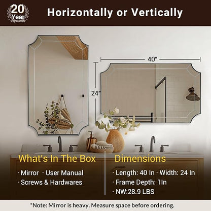 Brushed Nickel Mirror, 24x40 Inch Scalloped Bathroom Mirror, Modern Rectangle Mirror with Unique Notched Design, Ideal for Home Decor, Rust-Proof Stainless Steel 1" Frame