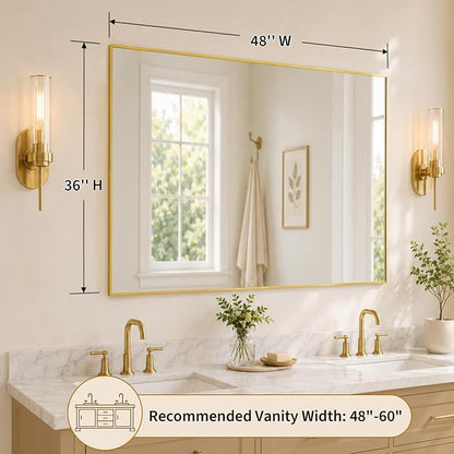 48"x36" Brushed Gold Large Framed Bathroom Vanity Wall Mirror | Large Vanity Wall Mirror, Slim Metal Frame, Dresser or Sideboard Use, Vertical/Horizontal Mount, Tempered Glass