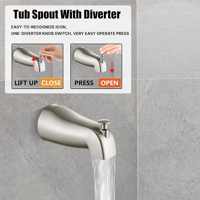 Heyalan 8-Inch Shower Faucet Set with Tub Spout and Valve,Brushed Nickel | 8-inch square rainfall head, tub spout with diverter, male-thread rough-in valve, single-handle control and wall-mount design