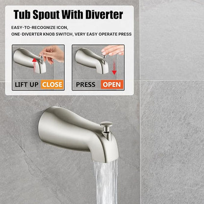 Heyalan 8-Inch Shower Faucet Set with Tub Spout and Valve,Brushed Nickel | 8-inch square rainfall head, tub spout with diverter, male-thread rough-in valve, single-handle control and wall-mount design