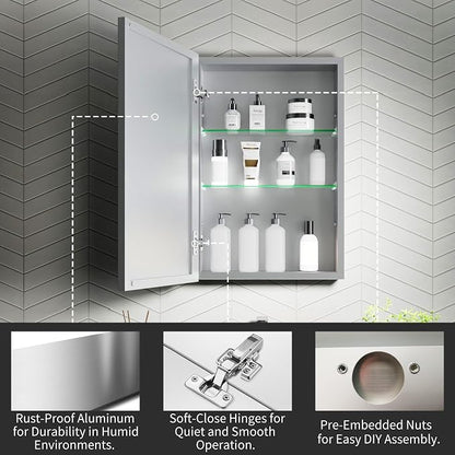 16x24 Inch Recessed Medicine Cabinet with Mirror, Aluminum Medicine Cabinet Mirror, Recessed or Surface Mount with 2 Adjustable Shelves Storage Organizer, Pre-Assembled Door, Soft-Closed System