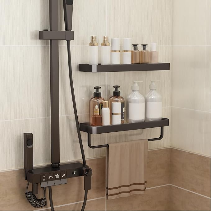 16-Inch Black Floating Bathroom Shelves with Towel Bar， Clear Tempered Glass Wall Shelf 2-Pack – Versatile Bathroom Organizer Set