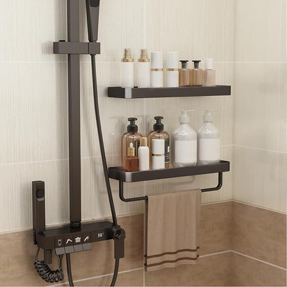 16-Inch Black Floating Bathroom Shelves with Towel Bar， Clear Tempered Glass Wall Shelf 2-Pack – Versatile Bathroom Organizer Set