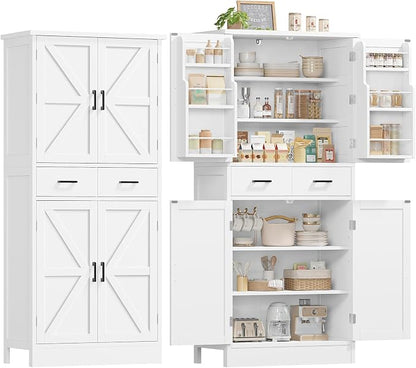 Farmhouse Pantry Cabinet, 66.9″H Tall Kitchen Storage Cabinet with Barn Doors, Adjustable Shelves & Drawer, Freestanding Cupboard for Kitchen, Dining Room, Living Room, Bathroom, White