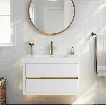 Modern 36" Wall-Mounted Bathroom Vanity with Sink | Floating Storage Cabinet, Stone Resin Countertop, Soft Close Drawers | Glossy White