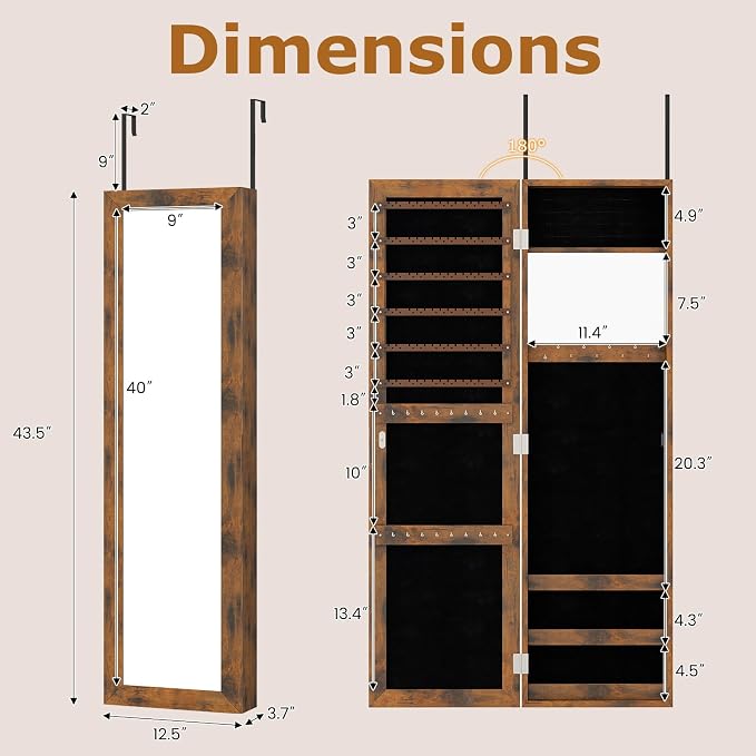 COSTWAY Full Length Mirror Jewelry Armoire, Wall Door Mounted Jewelry Cabinet Organizer with Makeup Mirror, Ring Slots and Necklace Hooks for Bedroom, Dressing Room (Rustic Brown)