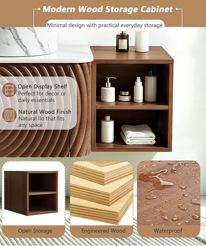 42" Floating Bathroom Vanity with Sink, Mid-Century Wall Mounted Bathroom Vanity Cabinet with Wood Waved Decor,Marble Ceramic Basin and Sintered Stone Top, Soft Close Drawer, Side Open Cube