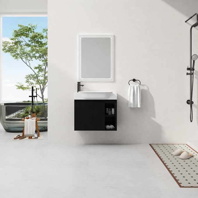 28" Wall Mounted Bathroom Vanity with Sink, Small Vanity, Black | Integrated Ceramic Sink, Soft-Close Door & 2 Open Storage Shelves, Small Bath Vanity Set, Easy to Clean