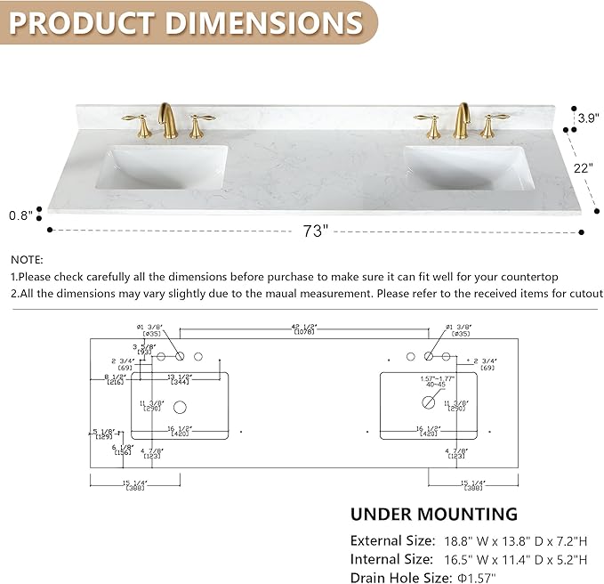 Ceres 73" Engineered Stone Vanity Top in Grain White with Double White Sinks