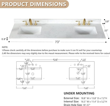 Ceres 73" Engineered Stone Vanity Top in Grain White with Double White Sinks
